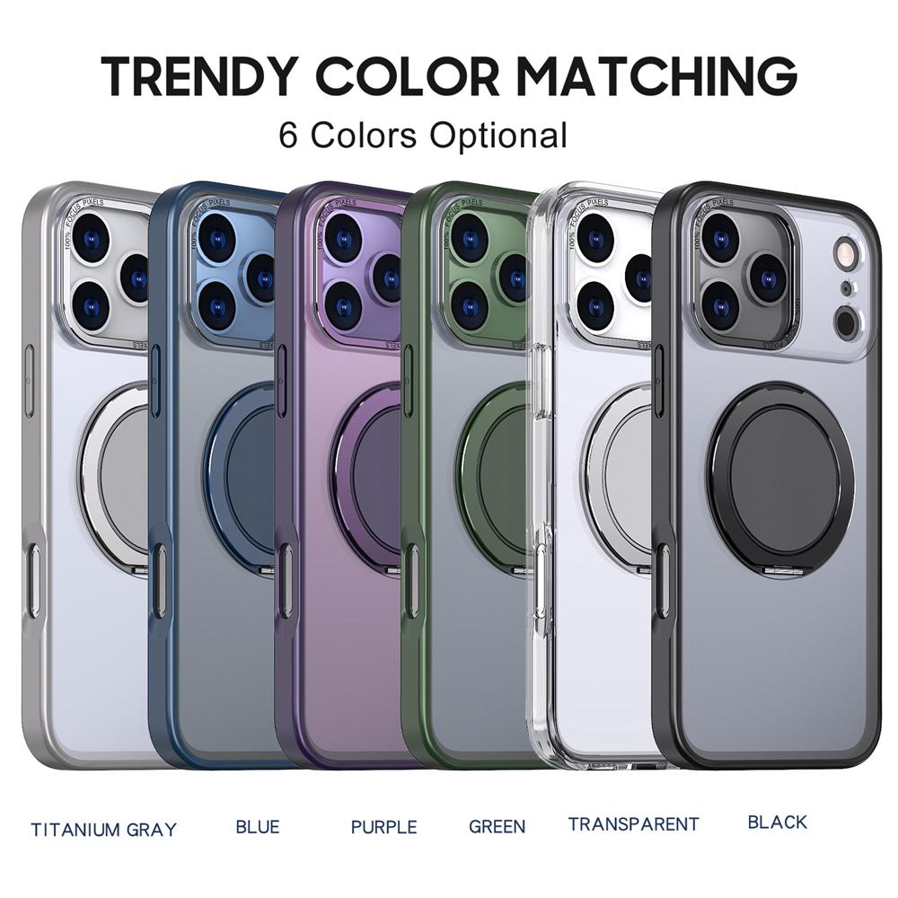 KEYSION Shockproof Matte Transparent Case for MagSafe for iPhone 17 Pro Max 360° Rotating Magnetic Ring Stand Phone Back Cover