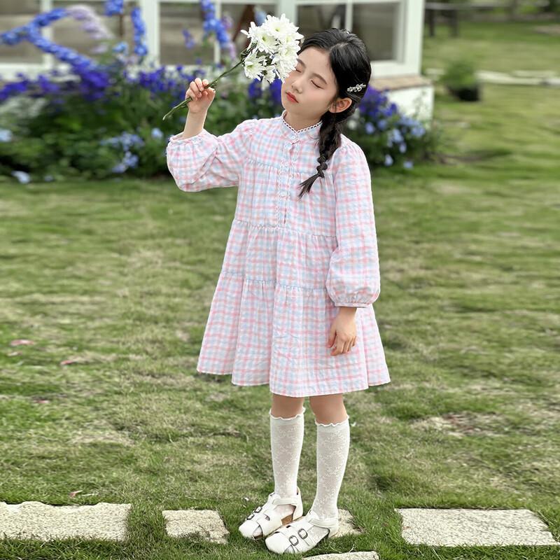 LUSON Girls  Pink Blue Plaid A-Line Princess Long-Sleeve Dress 140