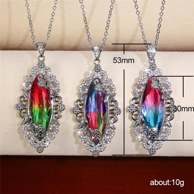 Silver Plated Marquise Cut Multicolor CZ Pendant Necklace, Ornate Floral Halo Cable Chain Necklace for Women