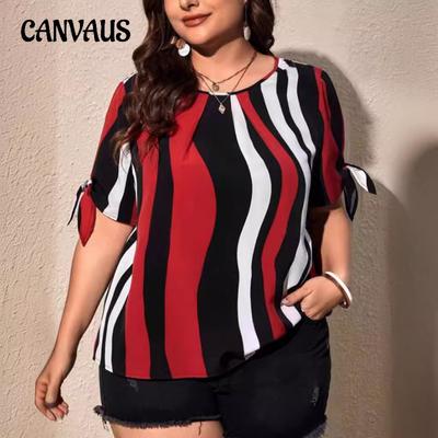 Summer Plus Size Women's Shirt Striped Printed Knot Sleeve Short Sleeve Top