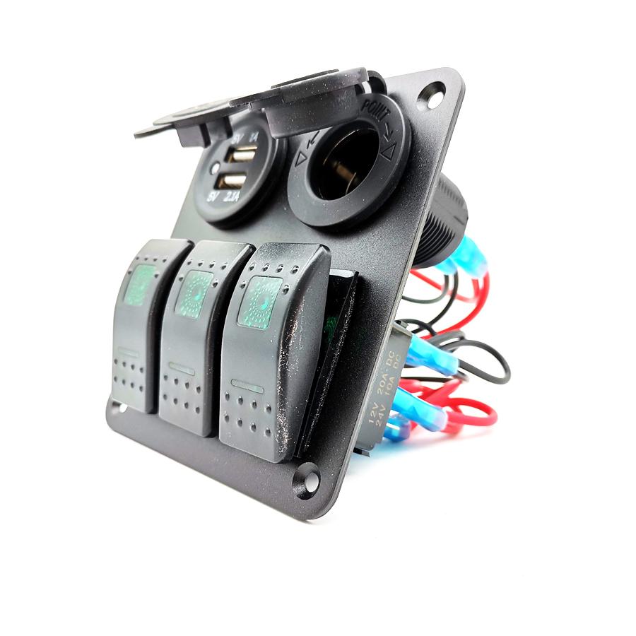 Schalterpaneel 3-fach Wippschalter Boot Auto Schalttafel 2USB Steckdose