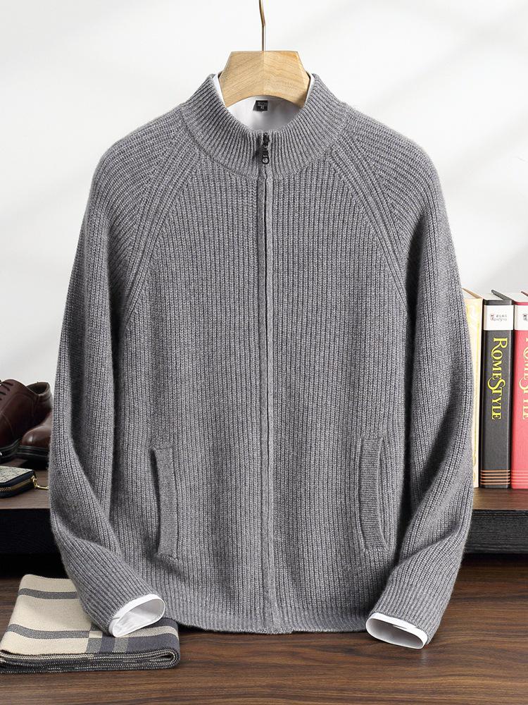 Men's Solid Color Cashmere Knit Cardigan - Autumn/Winter 2025, Loose, Soft, Comfortable, Zipper, Long Sleeve, Versatile.