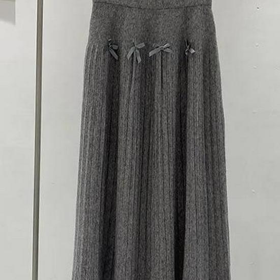 Korean Fashion High-Waisted Slimming Pleated Knit Skirt with Bow Detail