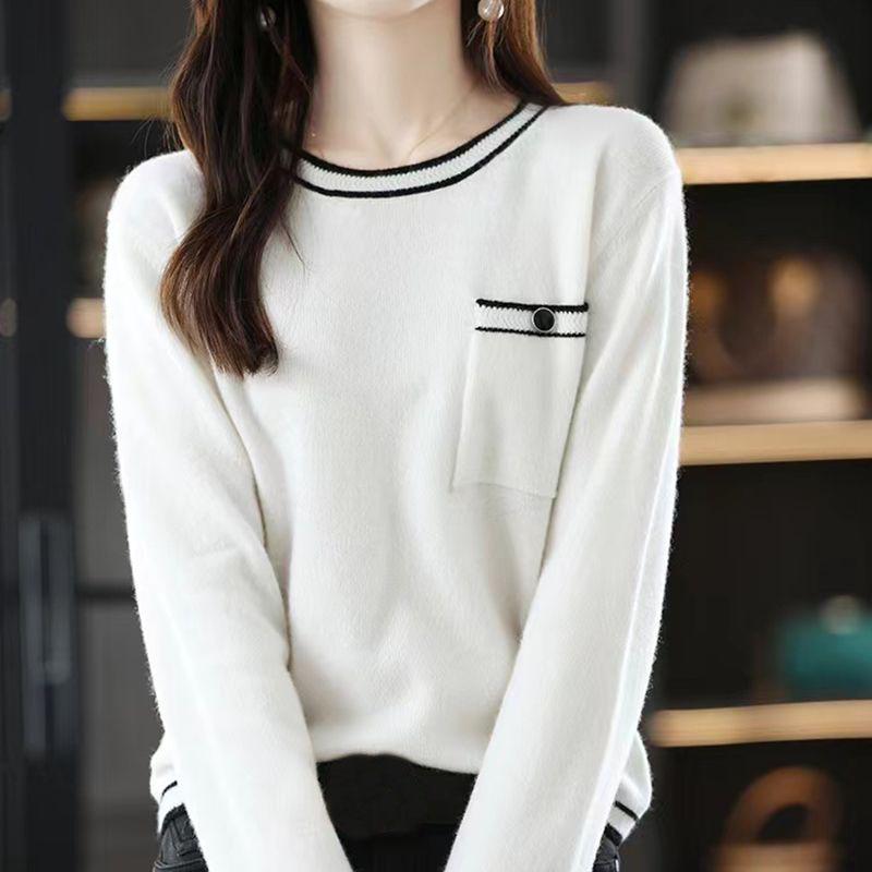 Sweater Pullover Female Spring and Autumn New Loose Colored Collar Round Neck Elegant Wool Knitted Sweater Pullover Female Top