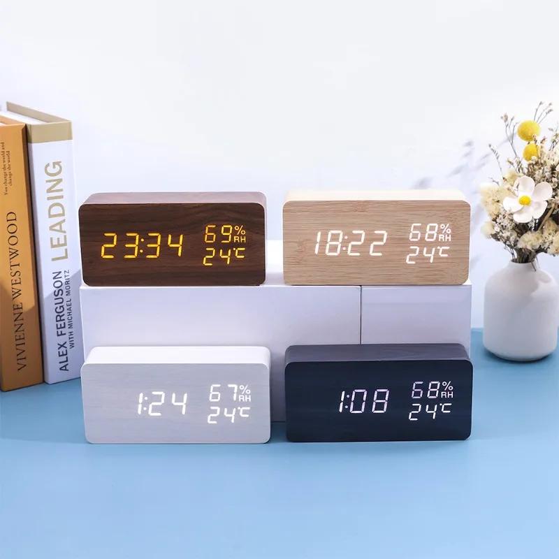 Retro Wooden Digital Alarm Clock Silent LED Luminous Creative Electronic Timepiece Fashion Decor for Students Desktop Bedside
