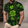 Men Plus Size Round Neck Short Sleeve Dark Green Clover Printed T Shirt