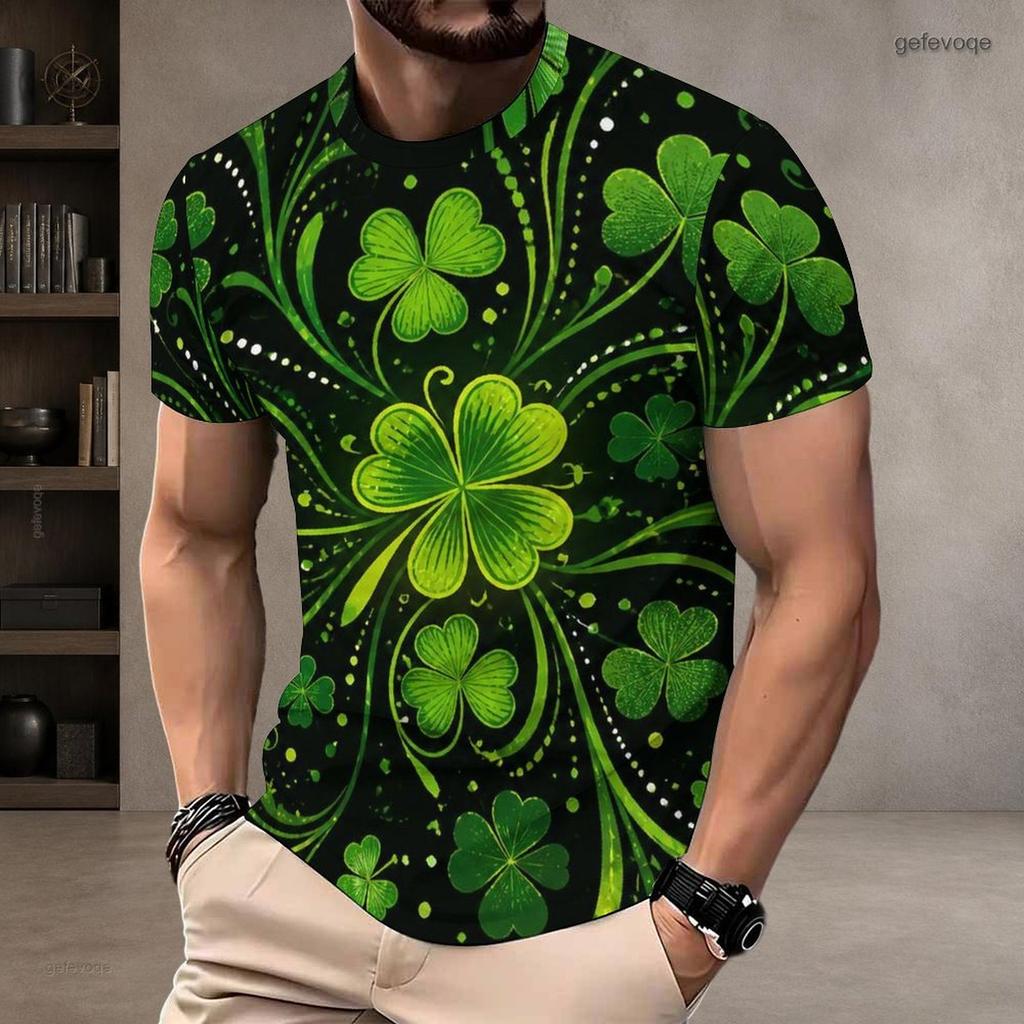 Men Plus Size Round Neck Short Sleeve Dark Green Clover Printed T Shirt