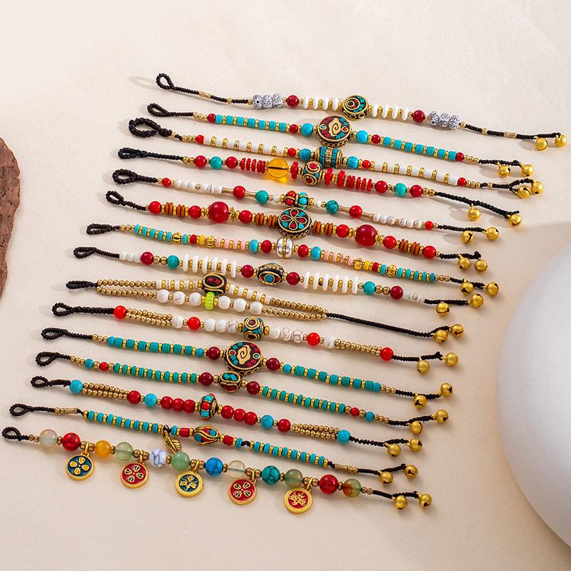 Ethnic Style Bracelet - Vintage Nepalese Woven String Necklace with Creative Bells Pendant