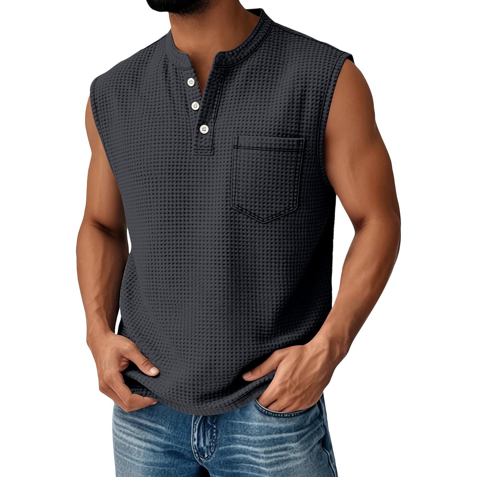 Men Knit Sleeveless Henley Neck Tank Top Casual Relaxed Fit Button Front Vest with Chest Pocket XXXXXL