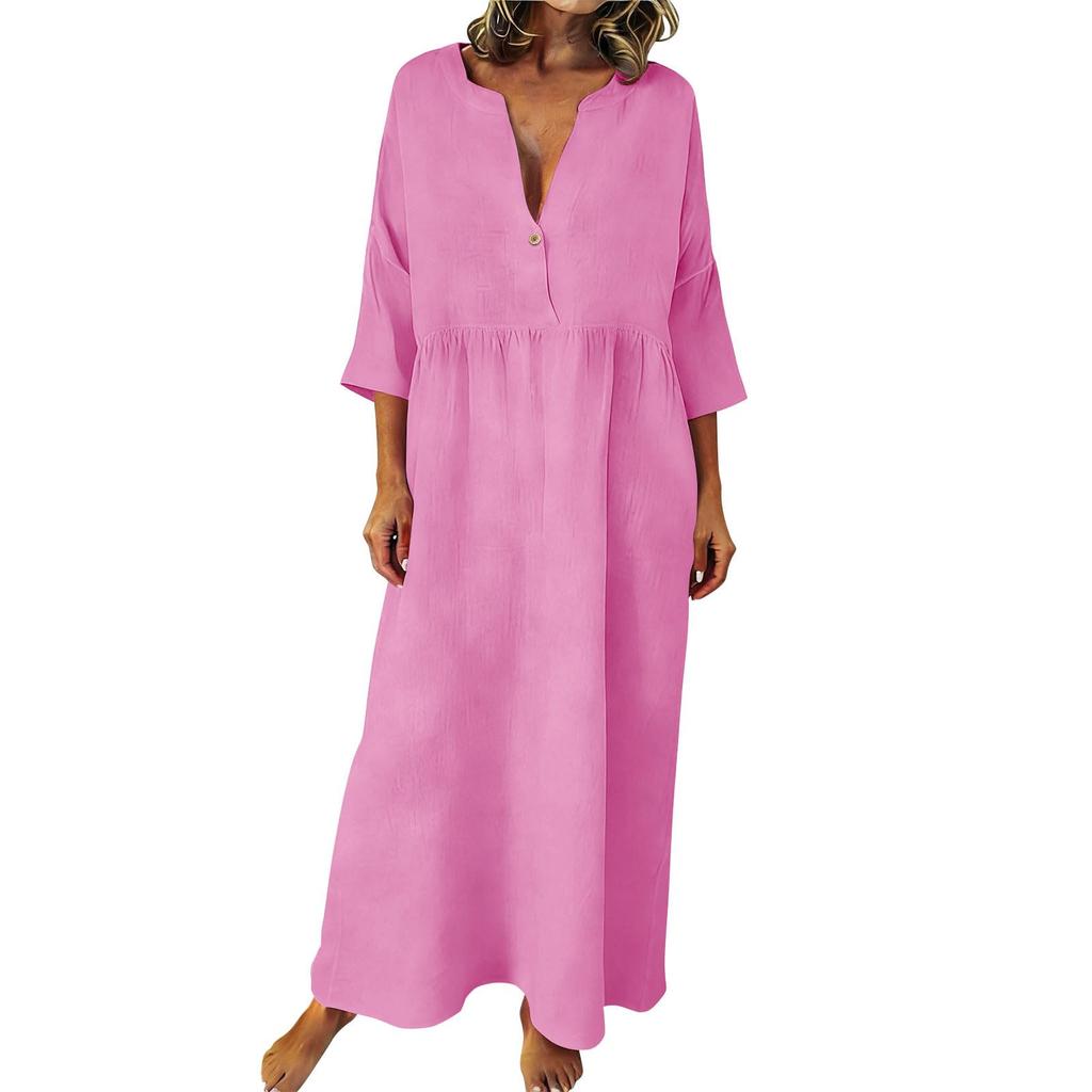Women's Fashionable Cotton-Linen Long Dress Loose-Fit Casual V-Neck Plus Size Dress