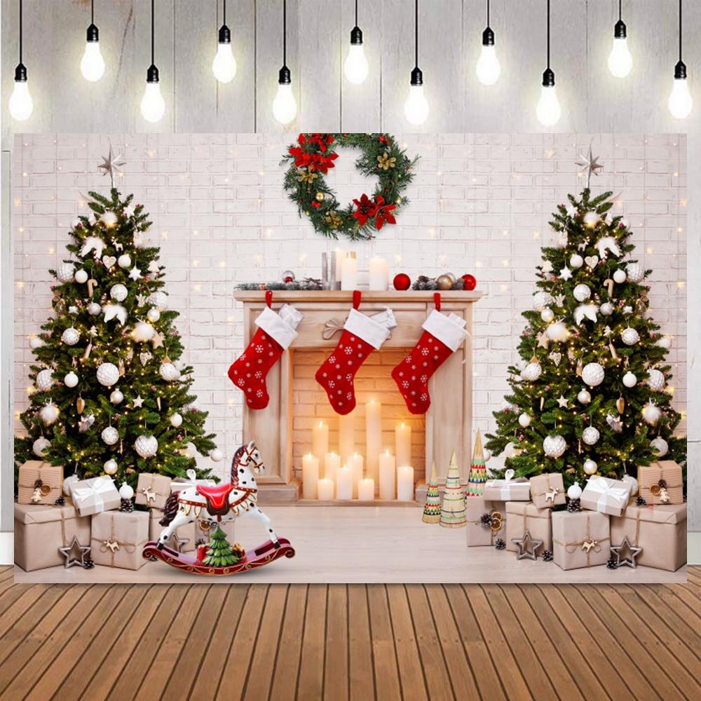 Christmas Classic Interior Room Scene Photo Backdrop Fireplace Xmas Tree Gifts Doll Bears Family Party Photography Background11