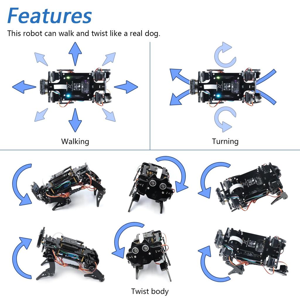 Freenove ESP32 CAM Robot Dog Kit (Includes), Dual-Core 32-Bit 240 MHz Microcontroller, Walking, Camera, Touch Sensor, Ultrasonic Ranging, Buzzer, RGB