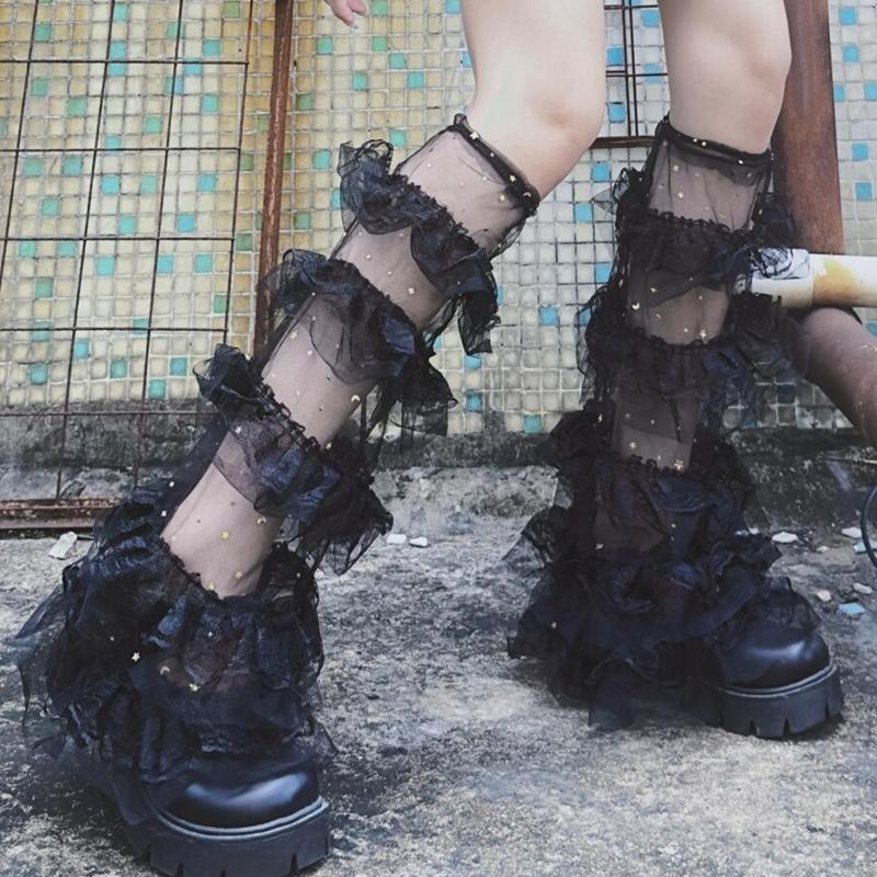 Women Tiered Ruffle Lace Leg Warmer Sweet Knee Highs Leg Socks Princesses Sheer Leg Warmer Summer Thin Leg Sleeves Gift