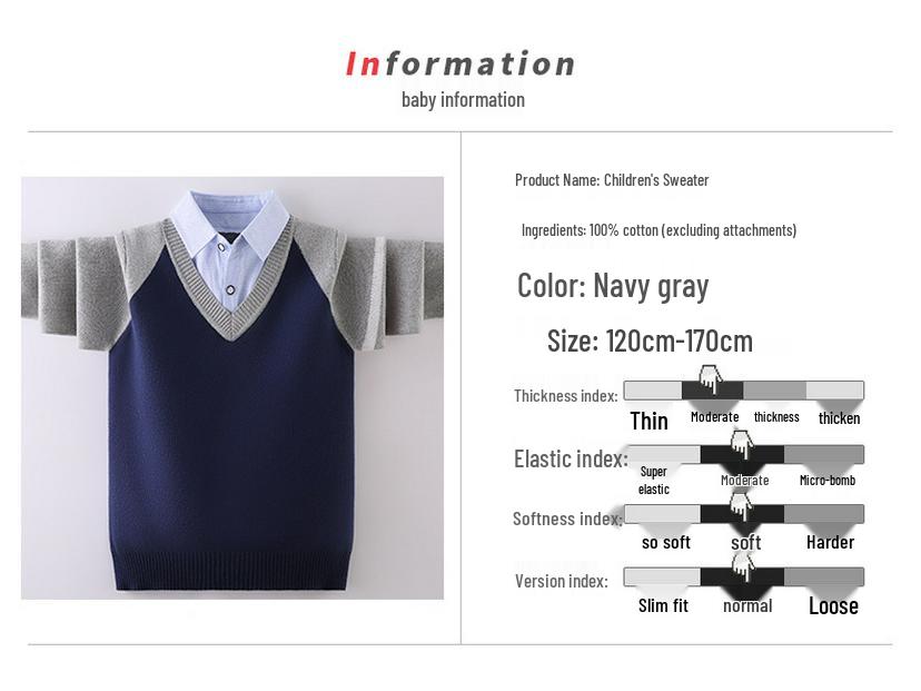 Jungen Strickpullover mit Fleecefutter: Dickes Fake-Zweiteiler-Design für Frühling/Herbst/Winter