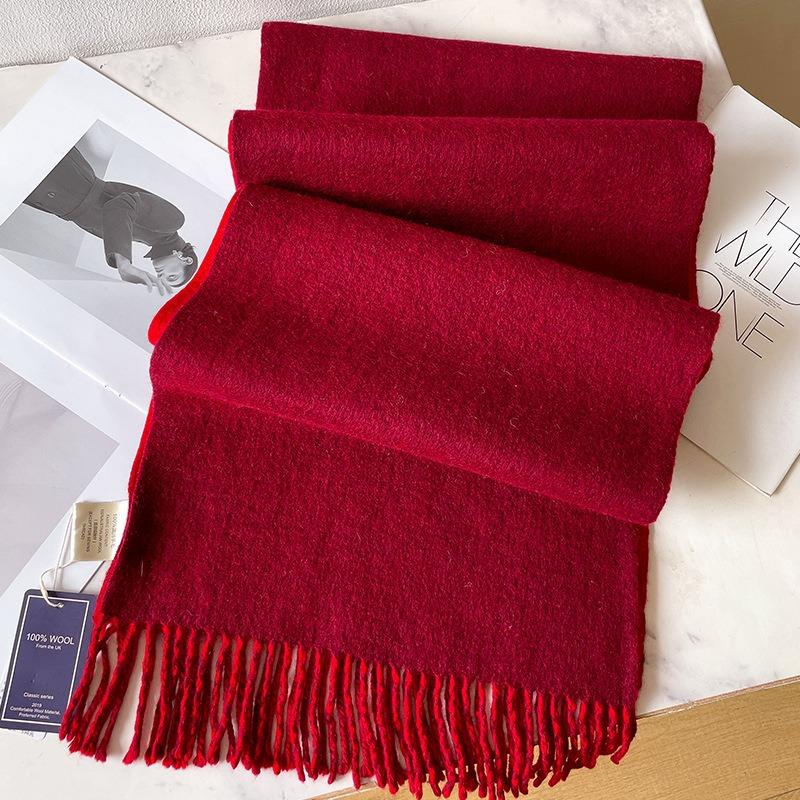 Burgundy scarf women's autumn and winter versatile double-sided pure wool thickened shawl with coat