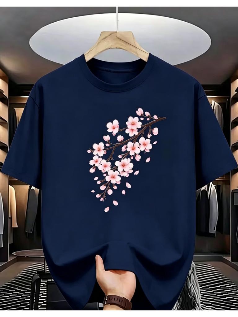 Unisex Navy Crew Neck Tee Cherry Blossom Flower Print Oversized Short Sleeve Unisexs Summer Streetwear Casual Daily Basic Wear Top