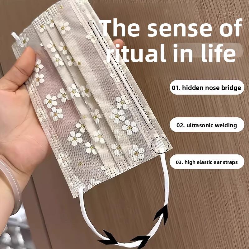 10 Pièces Masques Jetables en Maille pour Femmes de Haute Valeur Anti-Poussière Crème Solaire Mignon Fleur de Cerisier Respirant Fin Printemps et Été