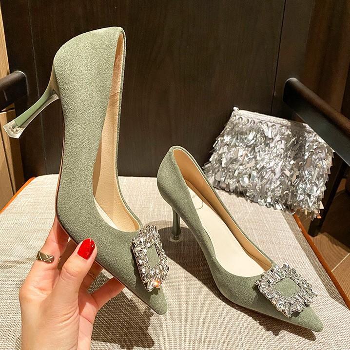 

Женская мода туфли на высоком каблуке тонкий каблук одинарные туфли новые с острым носком с мелким вырезом замшевые со стразами квадратная пряжка женская обувь 40 светло-зеленый