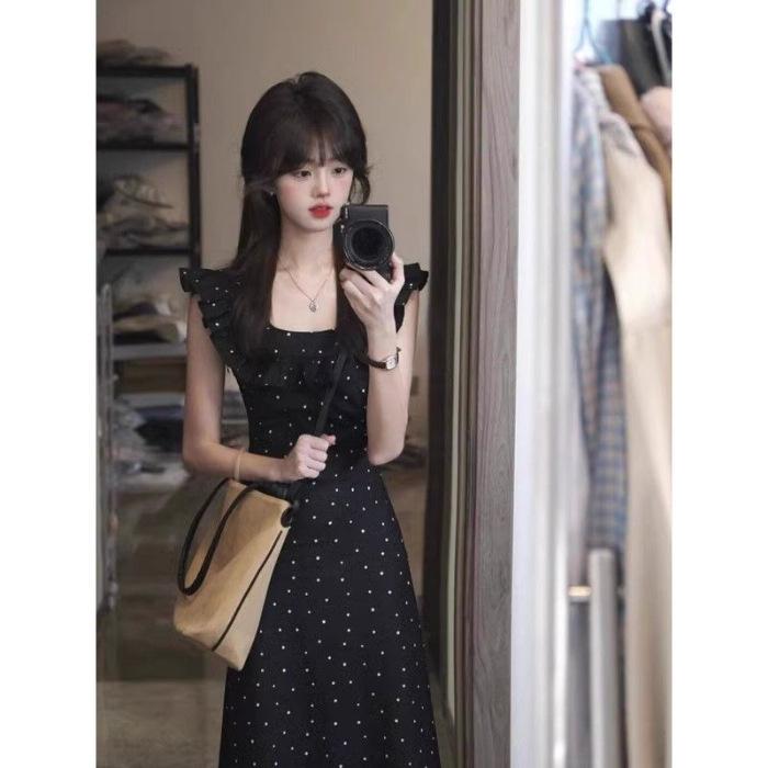 

Xiaofei sleeve polka dot floral dress children s summer new French temperament seaside vacation suspender dress XL чорний