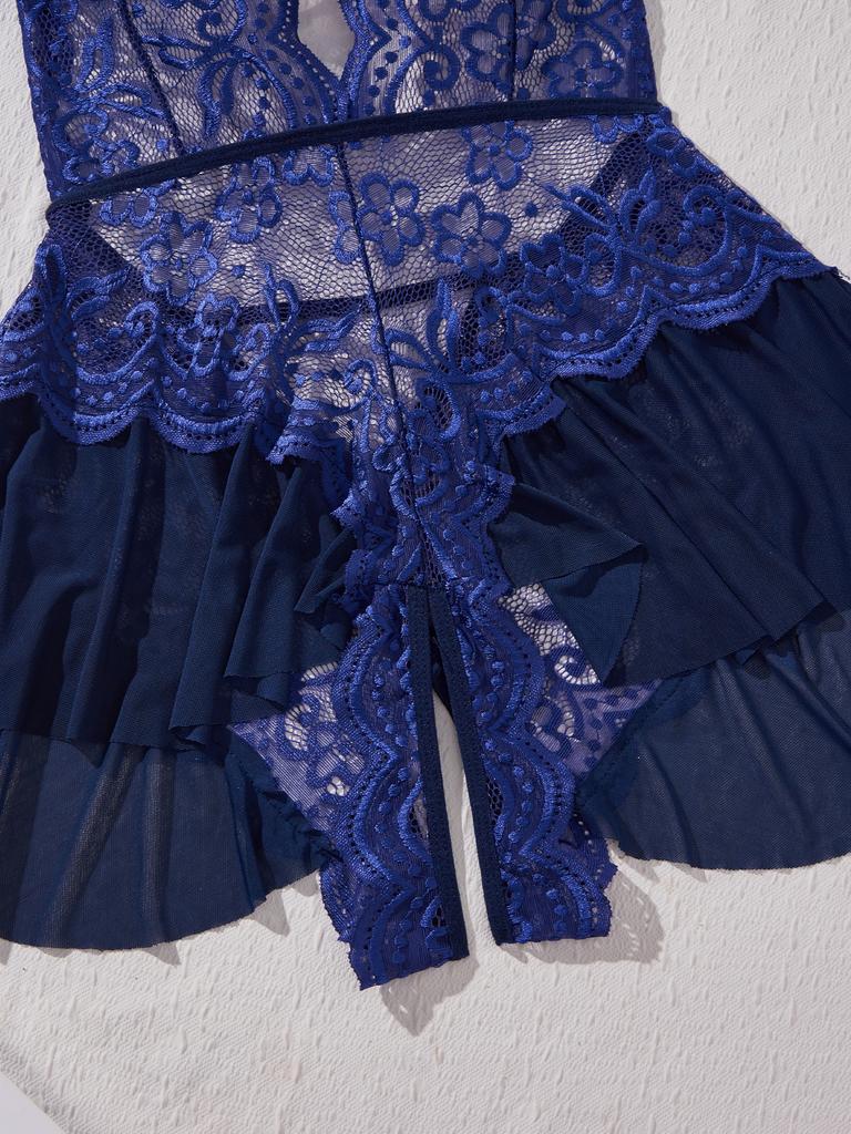 New Erotic Crotchless Lingerie Date Teddies Bodysuit Lace Up Halter Deep V Babydoll Dress Sexy Backless Hollow Out Porn Costume