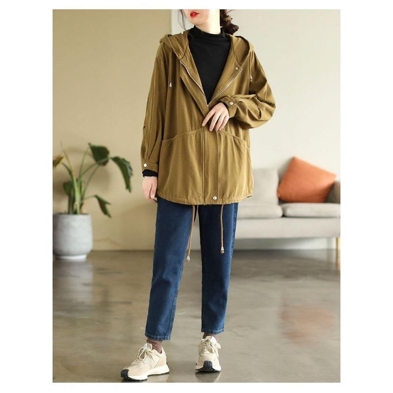 Dammode Nya Sydda Jackor med Dragkedjefickor Enfärgad Casual Lös Huvjacka Långärmad