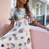 Summer Casual Puff Short Sleeves Dresses for Female Plant And Flower Prints Dress Round Necked Dress Women's Fashion High Waist Dress Beach Dress