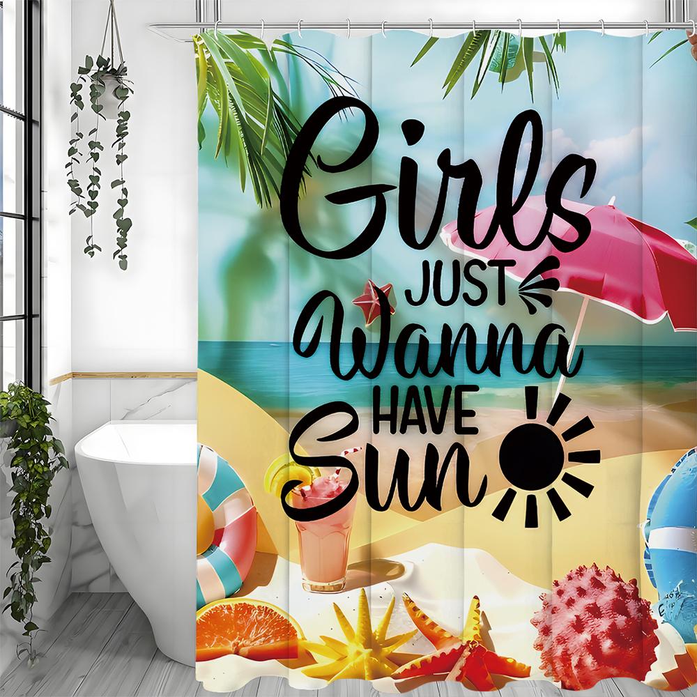 Summer Ocean Beach Parasol Ins Style Shower Curtain, Bathroom Decorative Shower Curtain, Waterproof Shower Curtain with Hooks