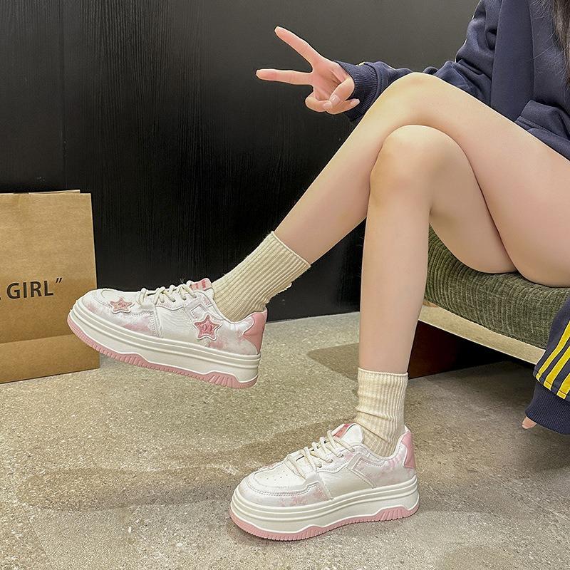 Women's Spring Pink Campus Puffy Thick-Soled White Casual Sports Board Shoes For Petite Frames.