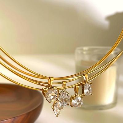 Classic Geometric Zircon Pendant Necklace Gold Plated Stainless Steel Neck Chain Adjustable Neck Collar Fashion Jewelry