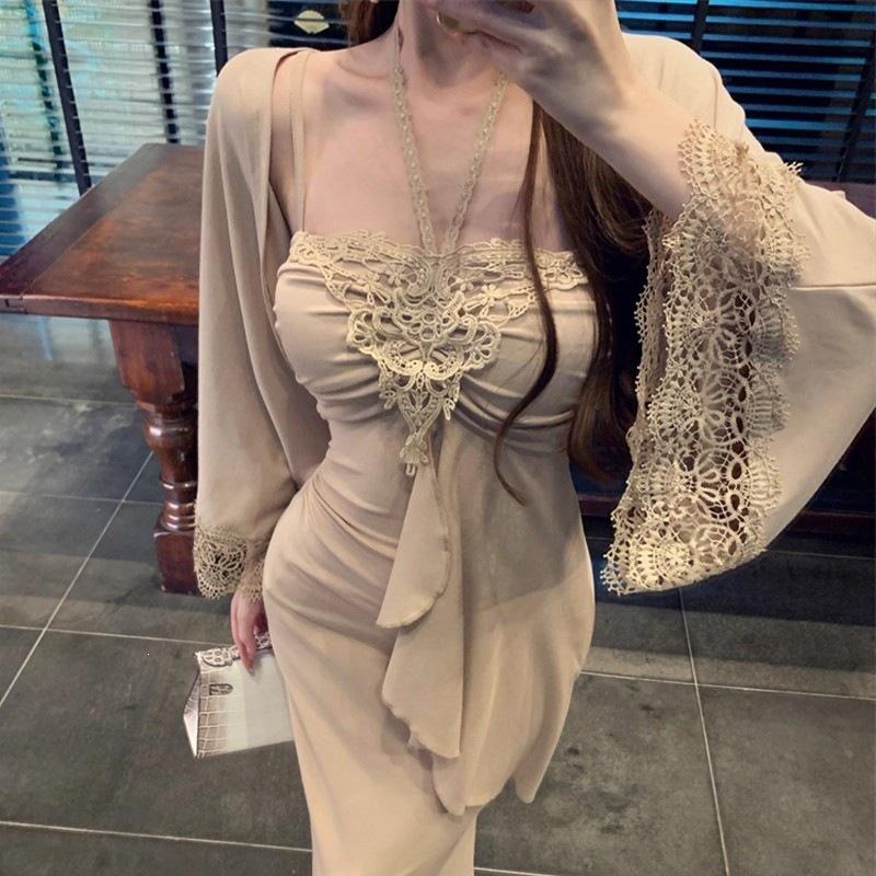 French Gentle Temperament Lace Splicing Neck Suspender Dress High Sense Waist Slim Fit Banquet Dress Summer