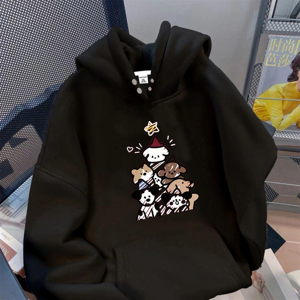 Damska bluza z kapturem z nadrukiem psa w jednolitym kolorze, koreańska luźna, damska bluza z kapturem, zimowa, codzienna, wszechstronna, damska bluza typu pulower