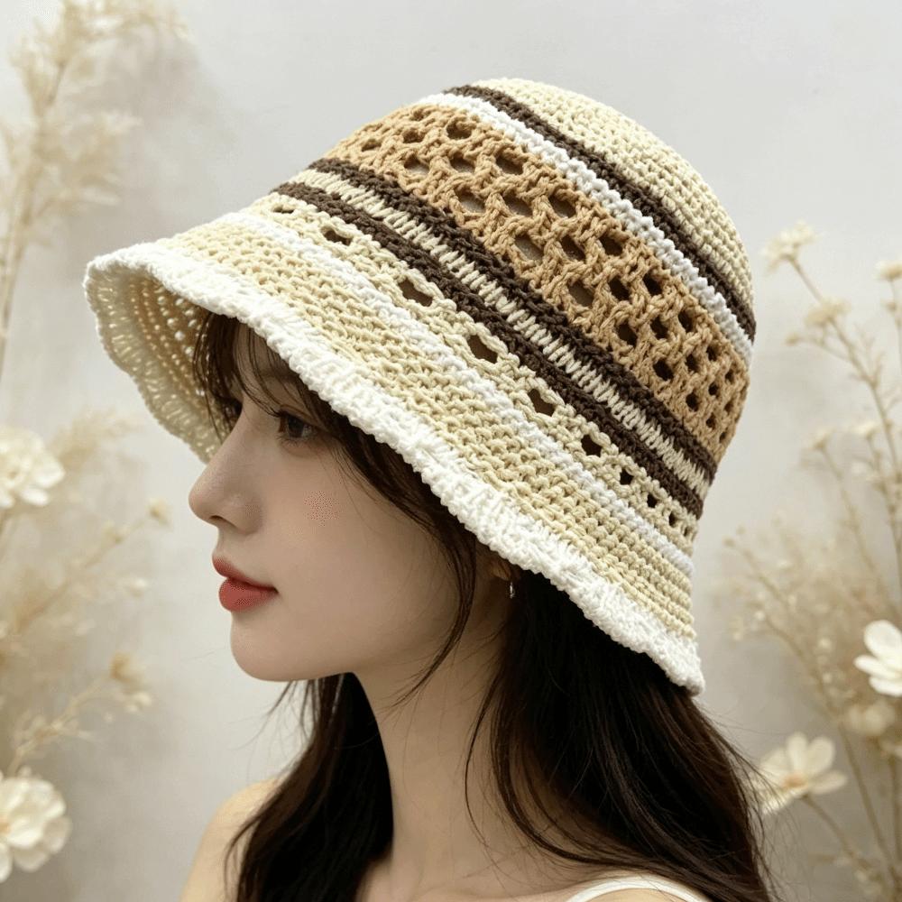 Wide Brim Crochet Panama Hat Breathable Beach Sun Hat Popular Striped Bucket Hat Daily