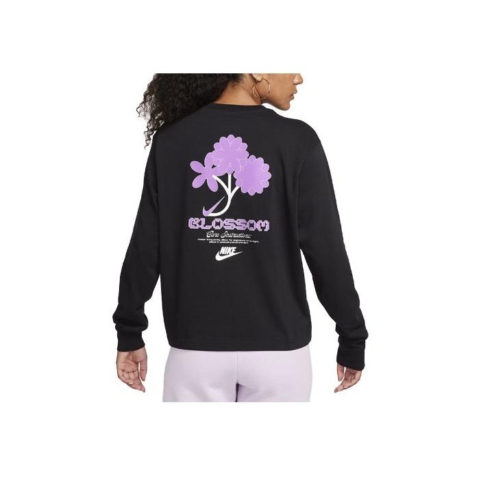 Nike Letter Floral Pattern Printed Round Neck Long Sleeve T-Shirt Women Tops Black FJ9761-010