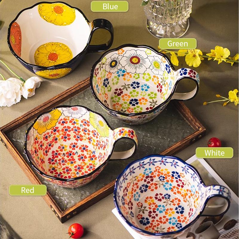 Hand Painted Japanese Handle Bowl New Ceramic Baking Bowl Instant Noodles Bowl Salad Bowl Household Tableware Baking Bowl Househ