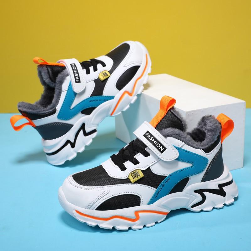 Wasserdichte Baumwoll-Sportschuhe für Jungen mit Plüschfutter - Warme Leder-Sneaker für Herbst/Winter