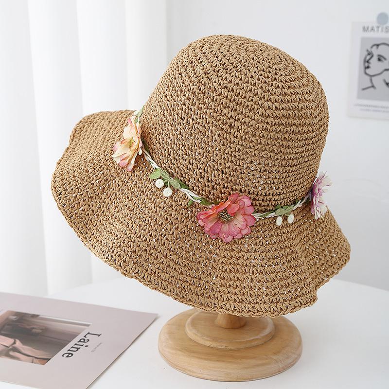 Summer Hats For Women Flower Rope Wide Brim Sun Hat Lady Foldable Sunhat Sunscreen Beach Accessories Seaside Holiday New