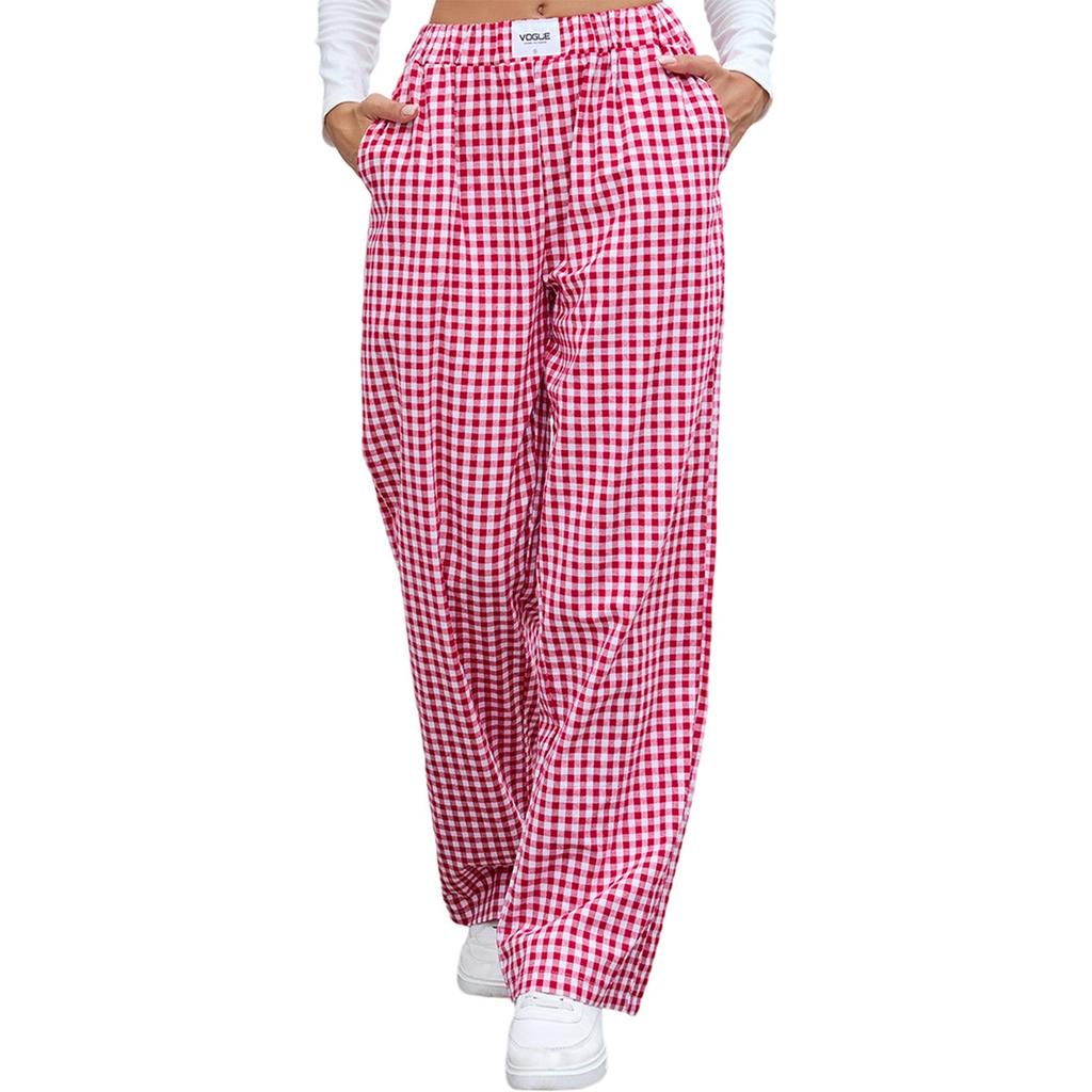 Women's Fashionable Checkered Elastic Waistband Loose Pocket Casual Pants