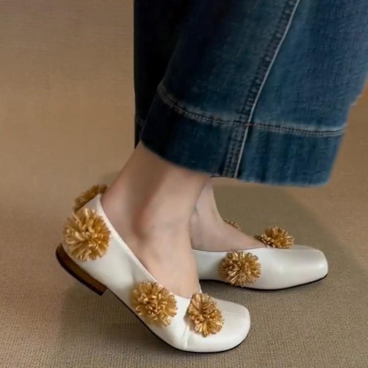 Cowhide Version~ French Retro Flower with Skirt Square Head Flat Sole Single Shoes Women's Shallow Mouth Shoes One Pedal Small Leather Shoes