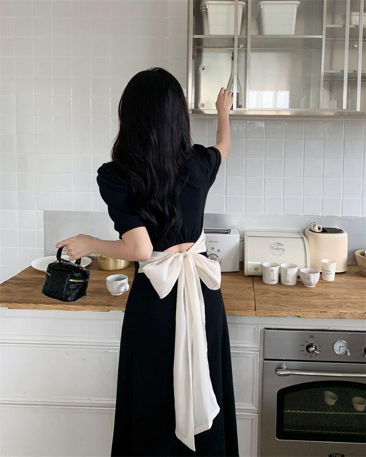Plus Size Short Sleeve Backless Bow Polo Collar Dress - New Summer 2026 Slimming Waist Little Black Dress for Women