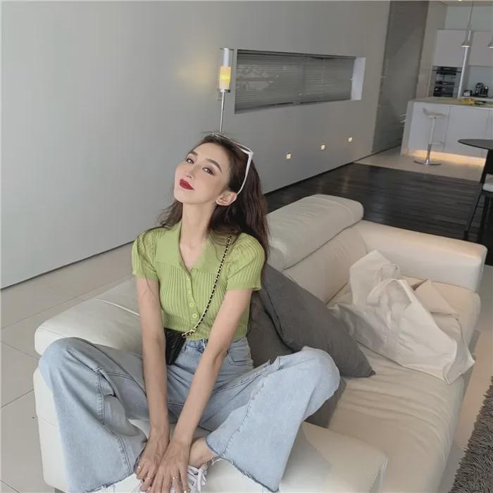White Polo Collar Short-Sleeve Women's French Chic Top