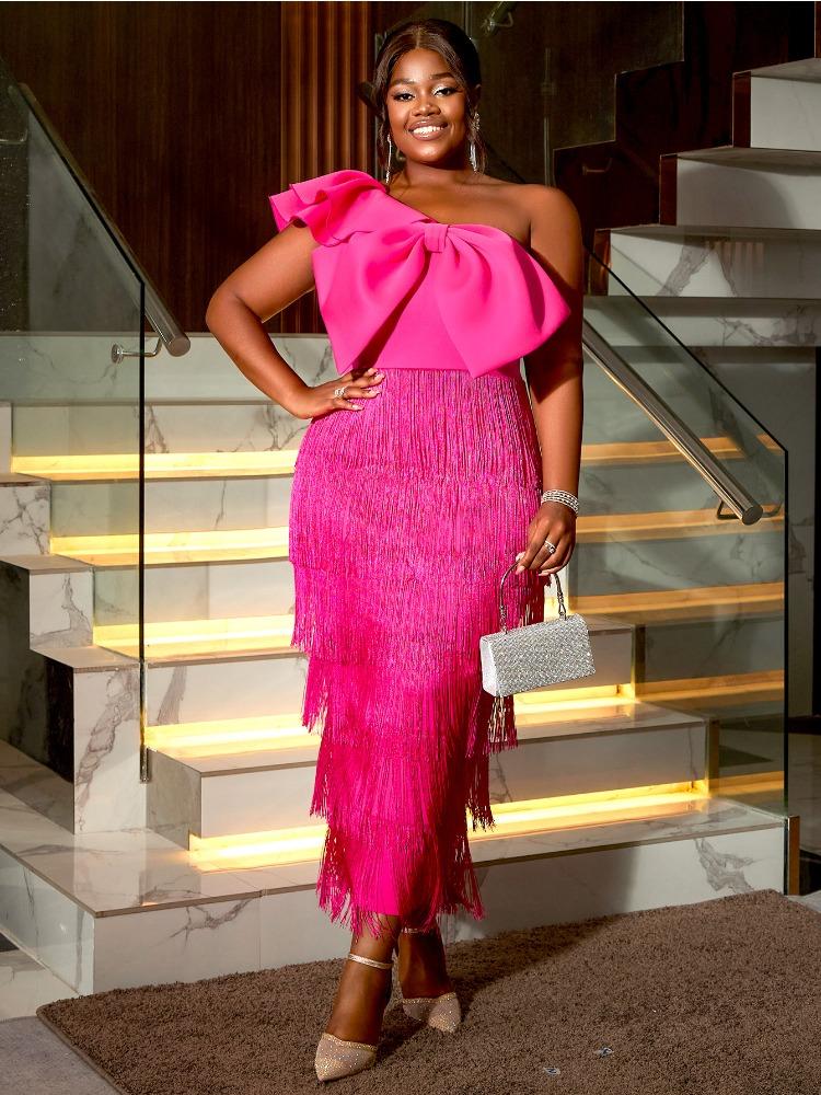 

One Shoulder Tassel Dresses for Women Sexy Big Bow Ruffles Wedding Guest Occassion Party Celebrate African Dance Date Out Gowns New S