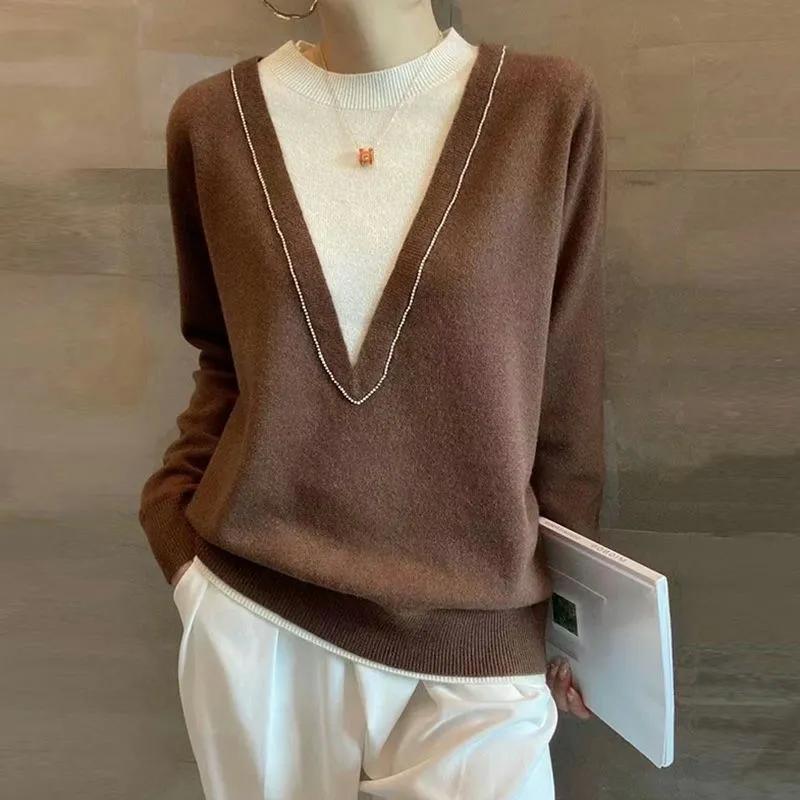 Temperature Round Neck Splicing Contrasting Color Fake Two-piece Autumn Winter New Long-sleeved Casual Versatile Knitted Sweater