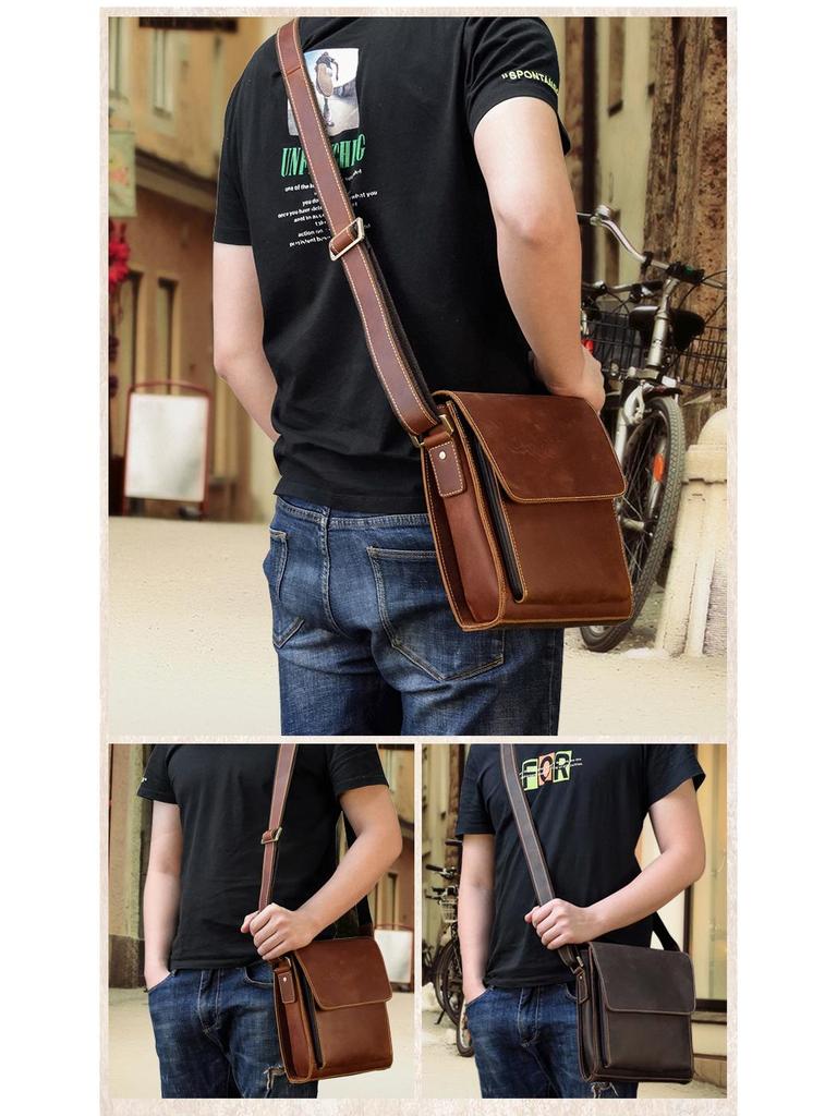 Men's Premium Crazy Horse Leather Crossbody Bag - Genuine Cowhide Shoulder Bag for iPad