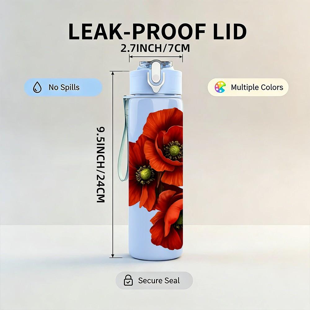 1PC Red Poppy Flower Bouquet Print 750ml Color Plastic Sports Water Bottle Leakproof Flip Straw Lid Suitable for Sports Office Home Use