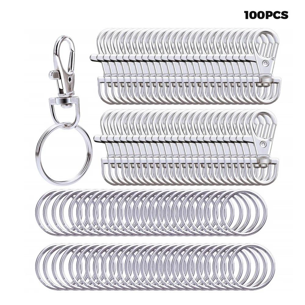 100 шт. Металлические кольца для брелоков Поворотные застежки Карабины для ремешков Застежки-карабины Застежки-лобстеры Ювелирные изделия DIY Поделки (50x Карабин + 50x Кольца) серебряный