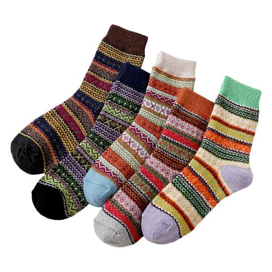 5 par Vintervarme mannskapssokker for kvinner Tykke midt-legg strikkesokker Retro etnisk stil sokker til julegaver