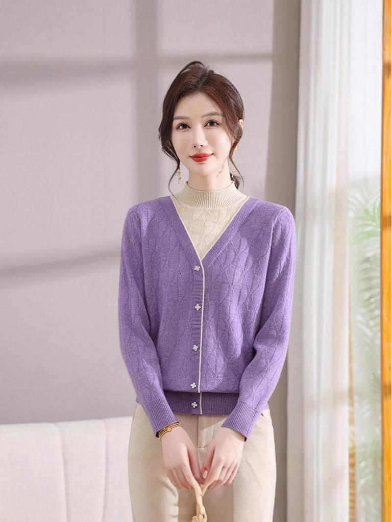 Women's Knit Pullover Sweater: Semi-High Neck, Two-Piece Look, Autumn/Winter Style for Middle-Aged.