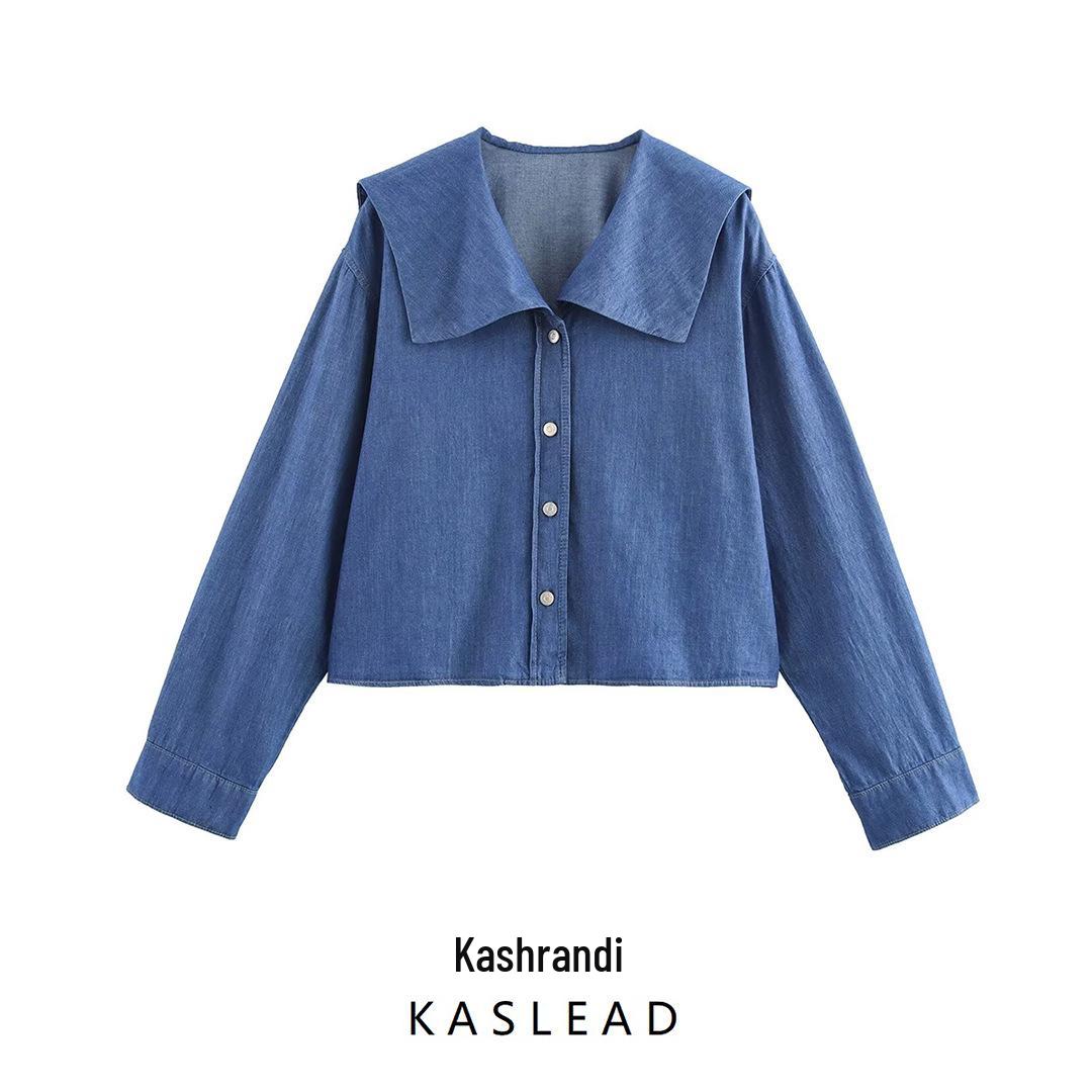 

2025 Spring Women s Denim-Look Cotton Point Collar Long Sleeve Shirt (European/American Style) Large синий
