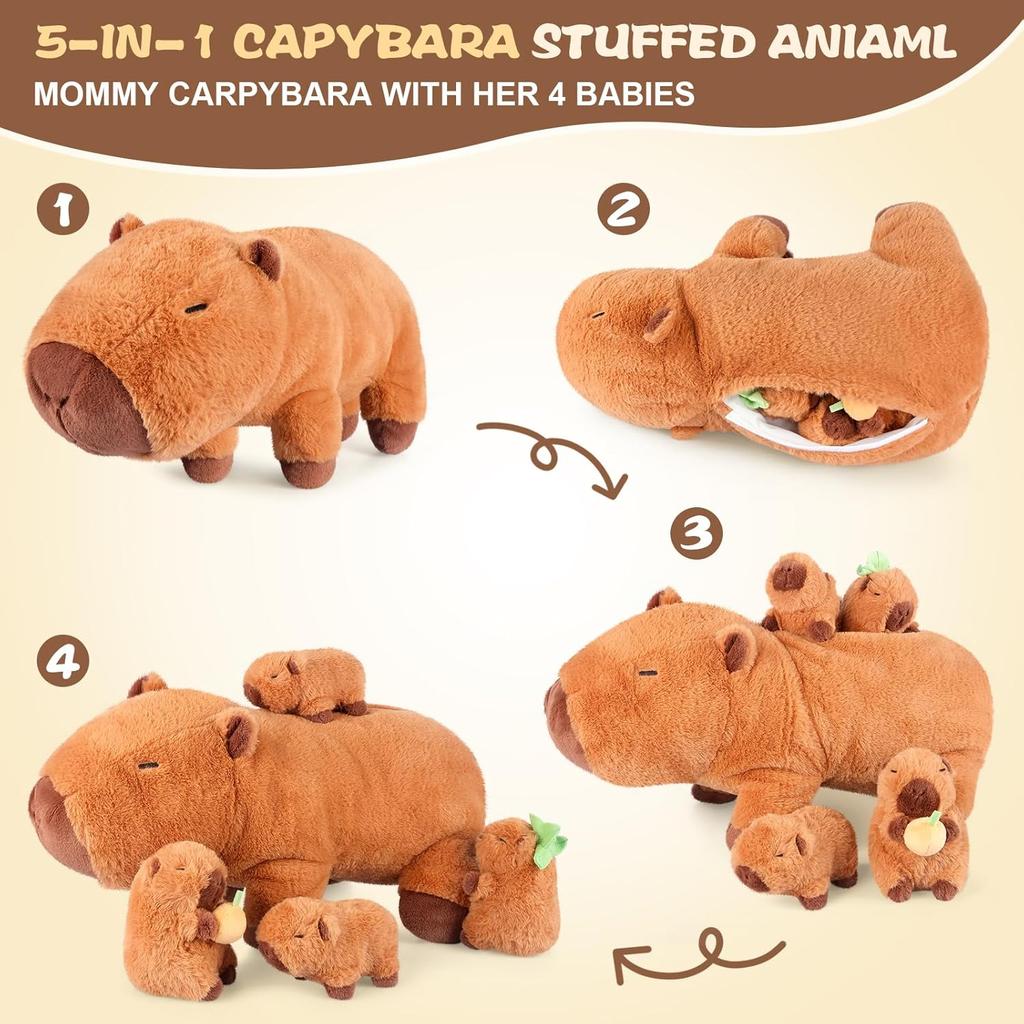 5-in-1 Capybara Stuffed Animals with Babies Inside, 5PC Set Capybara Plush with Mommy & 4 Babies, Capybara Plushies, Cute 3 to 8 Year Old Girl Gifts,