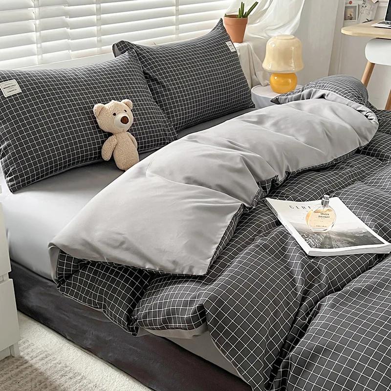 

Набор из четырех предметов в клетку в японском стиле для осени и зимы, набор из трех предметов для студенческого общежития, комплект одеял из стиранного хлопка, постельные принадлежности 1.2m three-piece